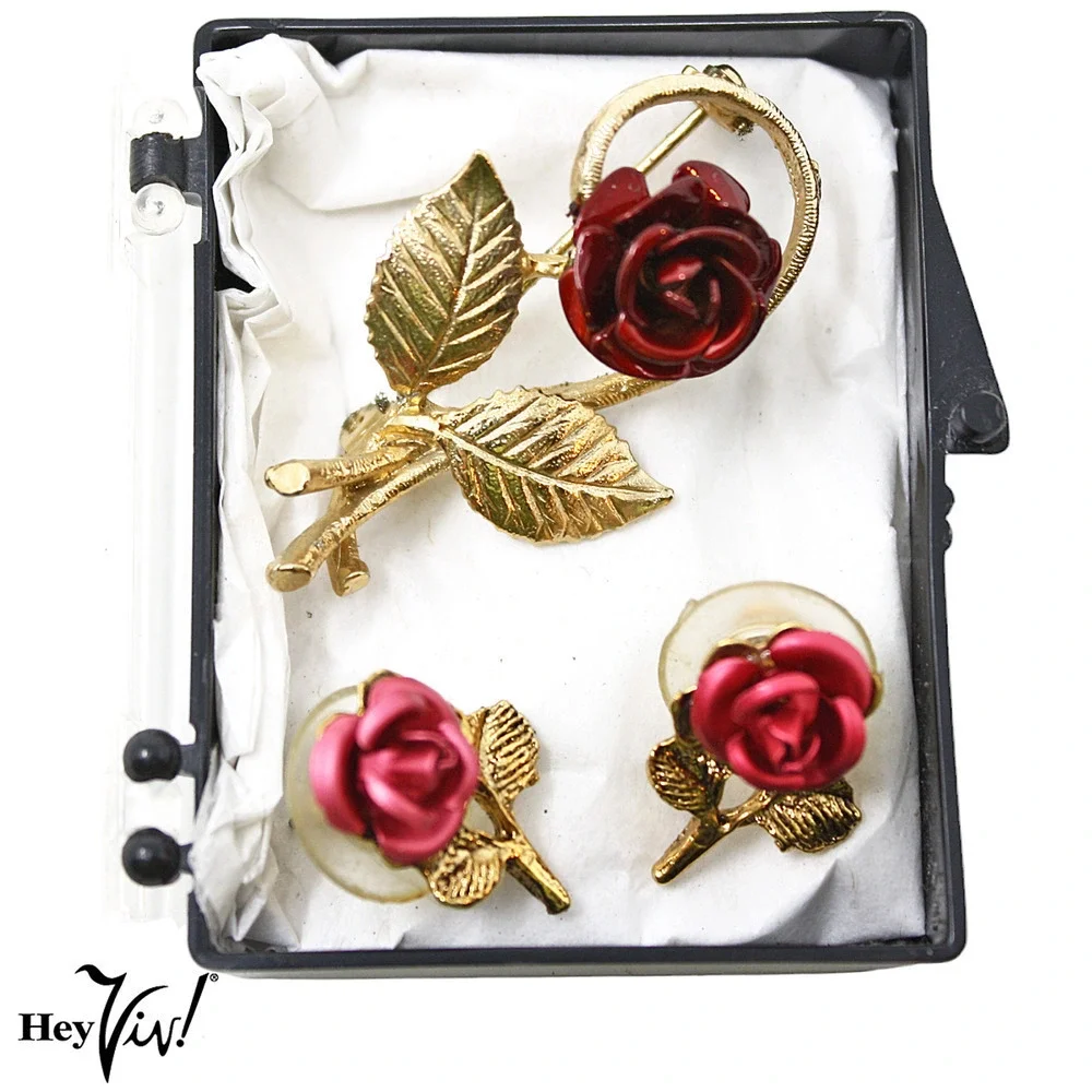 Vintage Matching Red Enameled Rose Pin and Earring Set in Original Box - Hey Viv